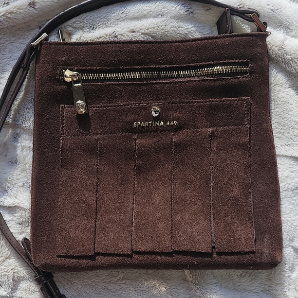 Spartina 449 Brown Suede and Leather Fringe Crossbody Bag with adjustable Strap - Picture 5 of 16